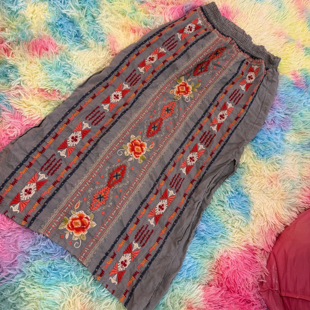 Johnny Was Los Angeles Maxi Skirt Women S Grey Embroidered Boho Smocked Slit++